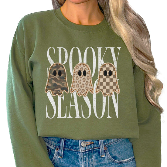 Army Green Spooky Season sweatshirt, lifestyle view