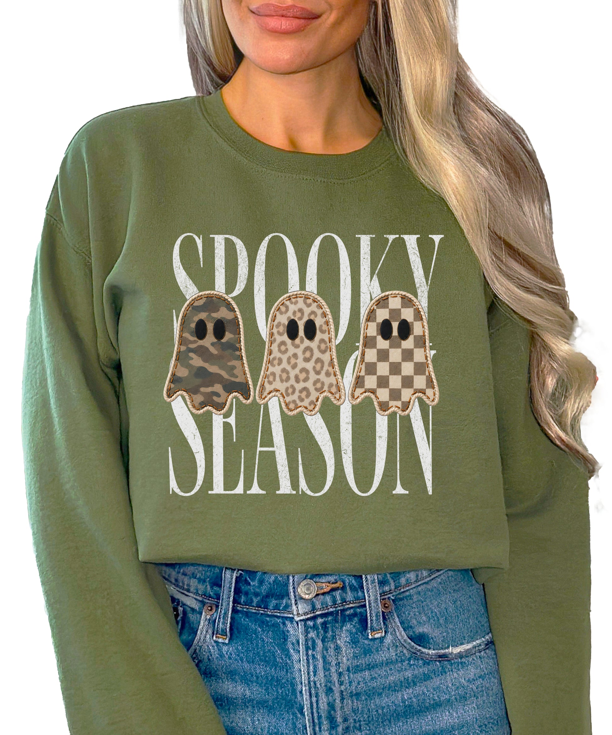 Army Green Spooky Season sweatshirt, lifestyle view