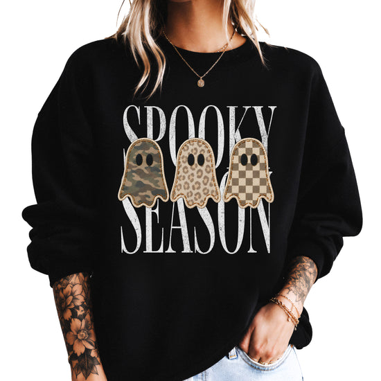 Spooky Season three ghosts Halloween crewneck sweatshirt in Black, front view