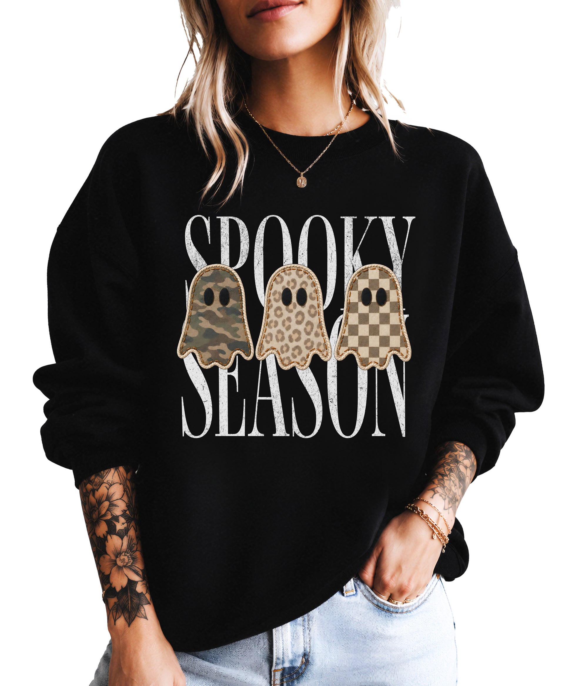 Spooky Season three ghosts Halloween crewneck sweatshirt in Black, front view