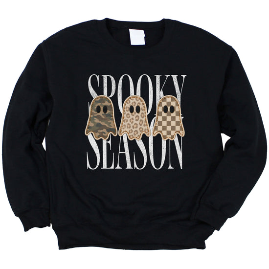 Black Spooky Season ghost sweatshirt, styled detail shot
