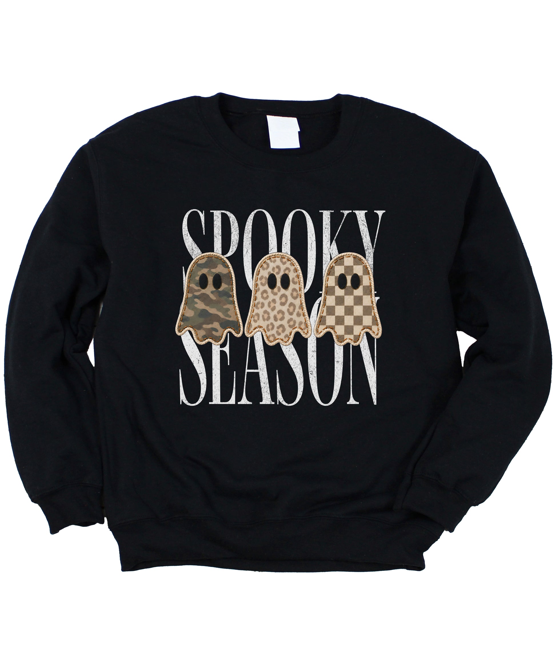 Black Spooky Season ghost sweatshirt, styled detail shot