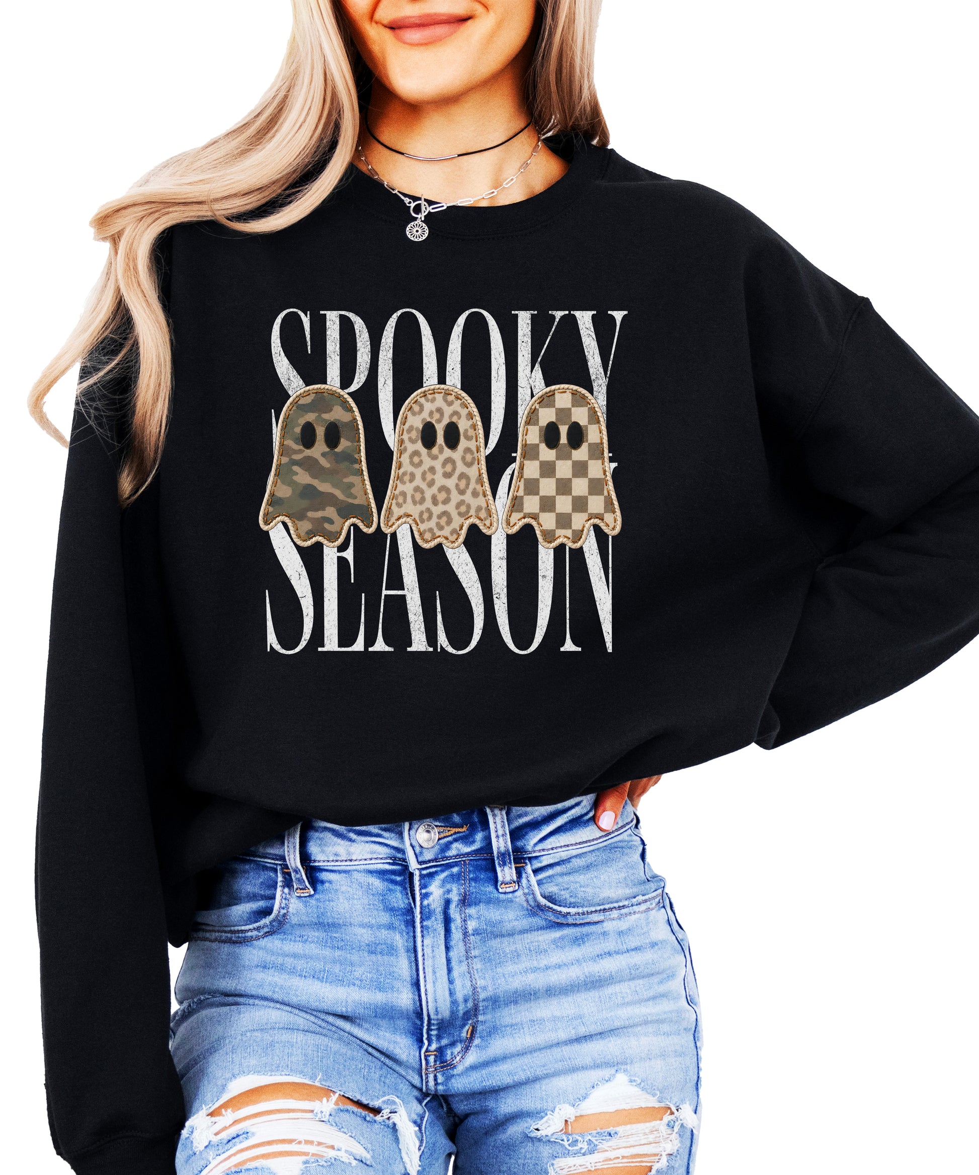Black Halloween ghost crewneck sweatshirt, close up of camo leopard checkered ghosts