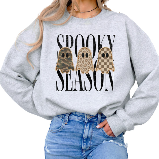Spooky Season three ghosts Halloween crewneck sweatshirt in Gray, front view
