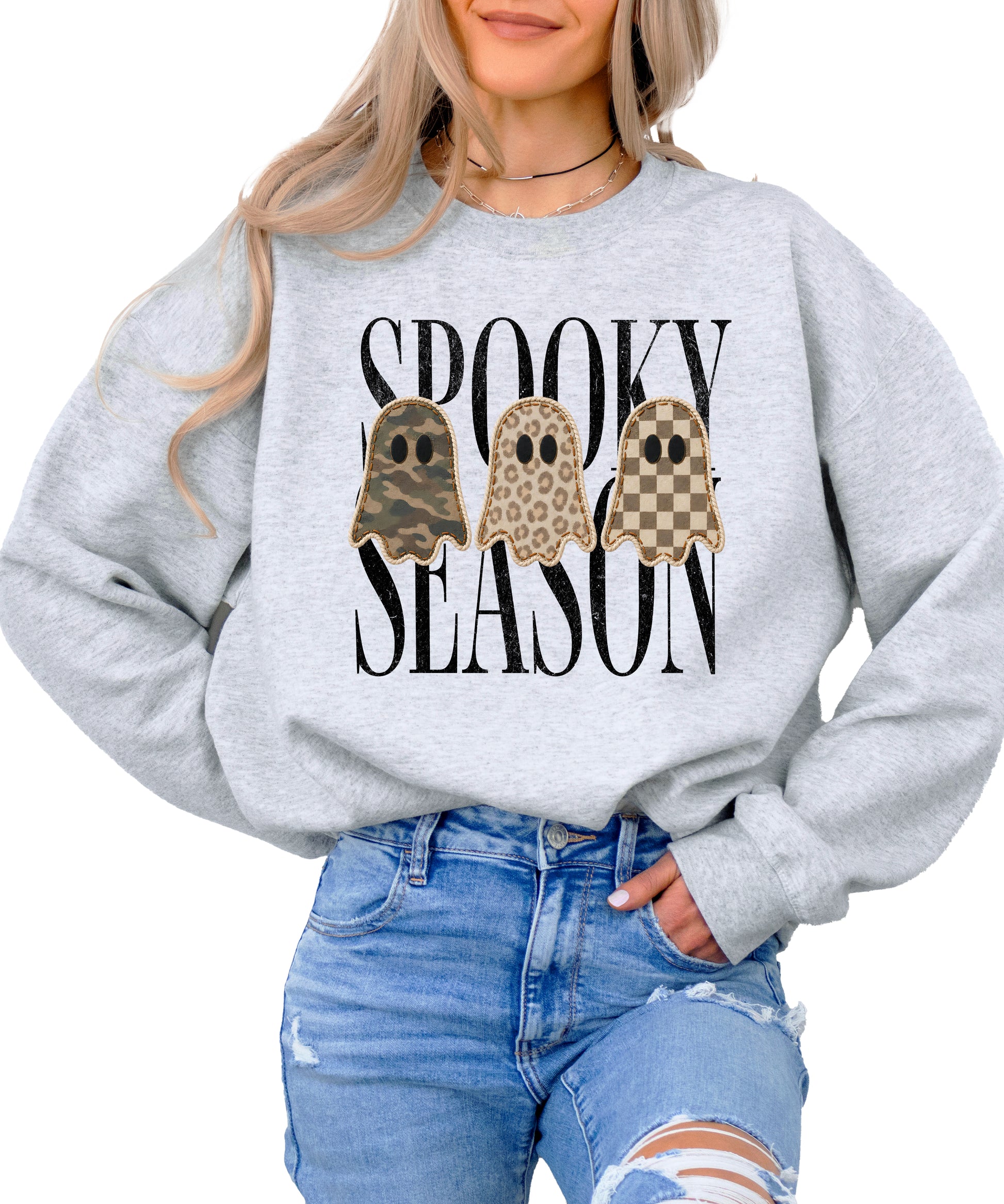 Spooky Season three ghosts Halloween crewneck sweatshirt in Gray, front view