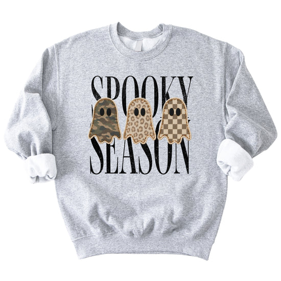 Gray Spooky Season ghost sweatshirt, styled detail shot