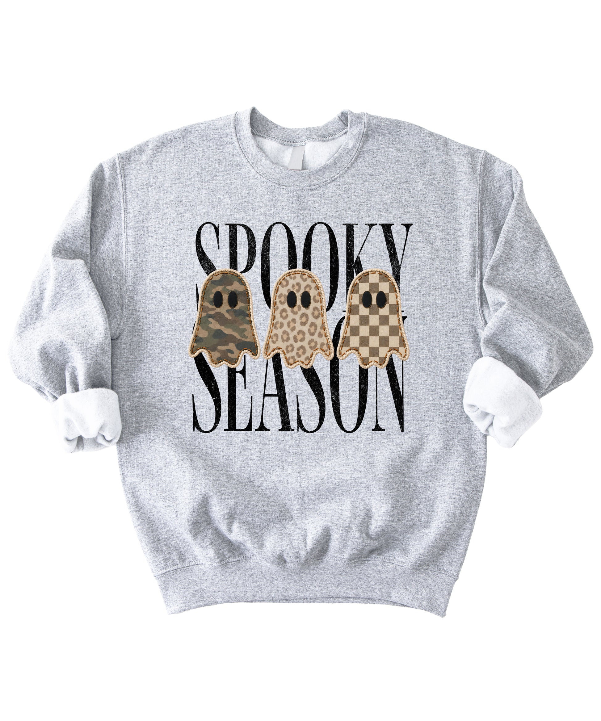 Gray Spooky Season ghost sweatshirt, styled detail shot