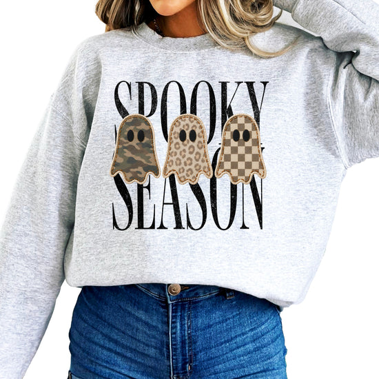 Gray Spooky Season sweatshirt, lifestyle view