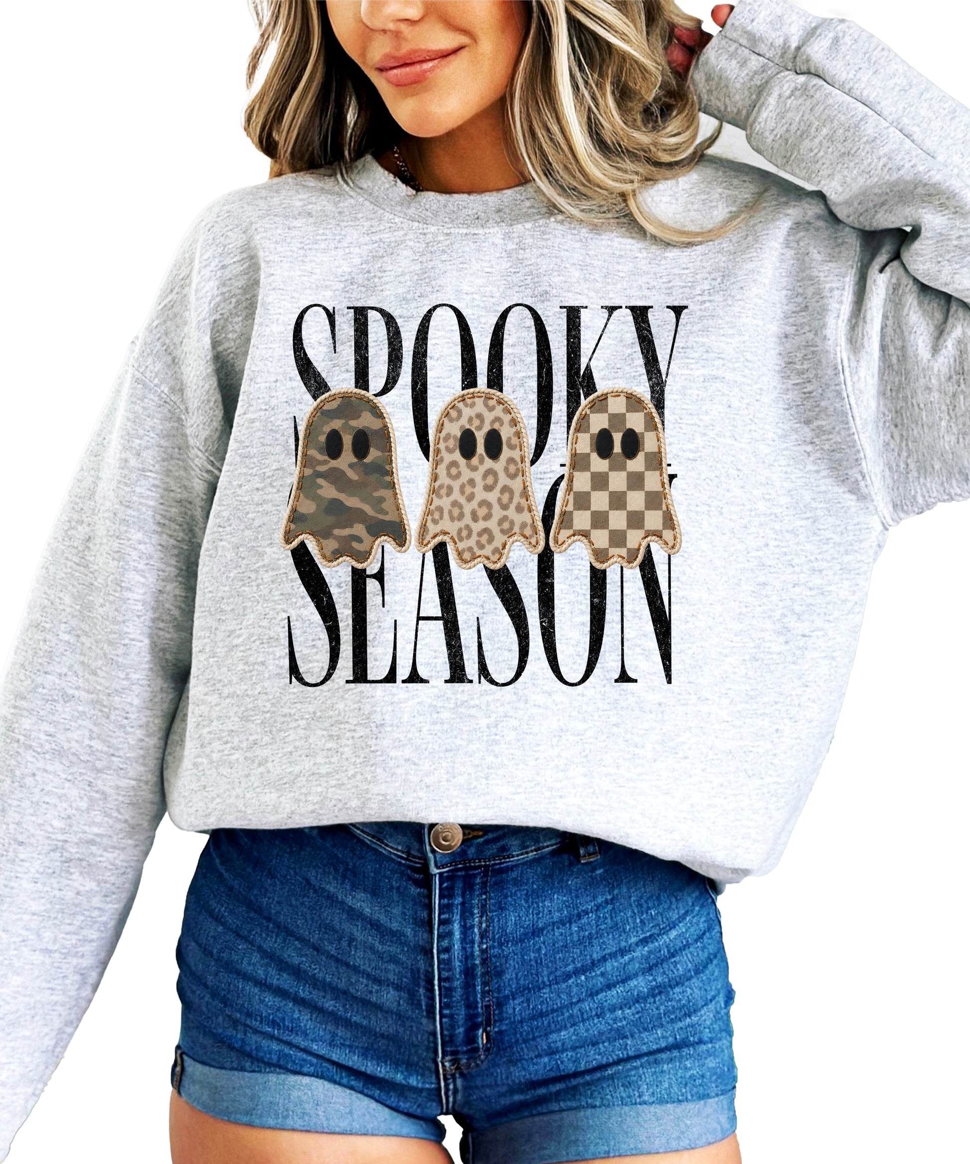 Gray Spooky Season sweatshirt, lifestyle view