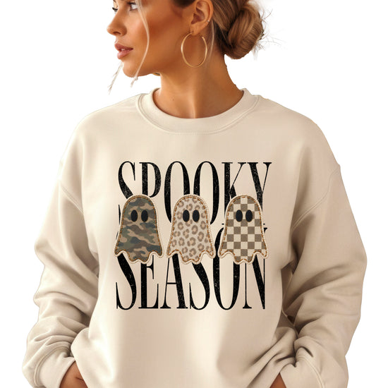 Spooky Season three ghosts Halloween crewneck sweatshirt in Sand, front view