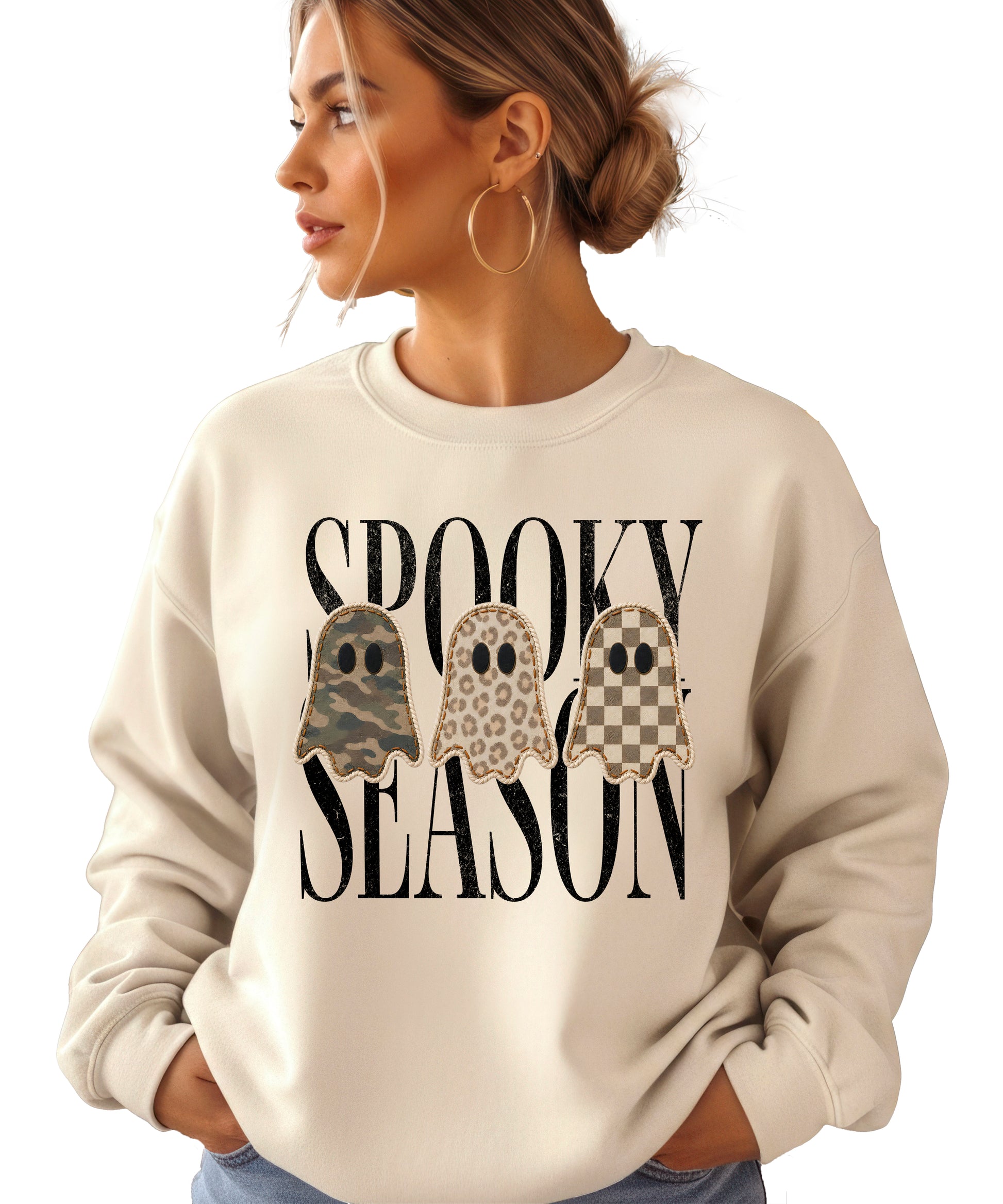 Spooky Season three ghosts Halloween crewneck sweatshirt in Sand, front view
