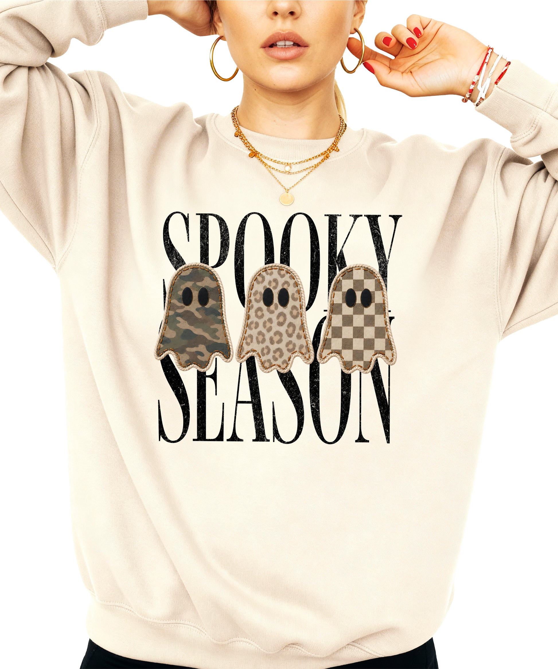 Sand Halloween ghost crewneck sweatshirt, close up of camo leopard checkered ghosts
