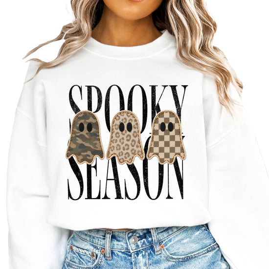 Spooky Season three ghosts Halloween crewneck sweatshirt in White, front view