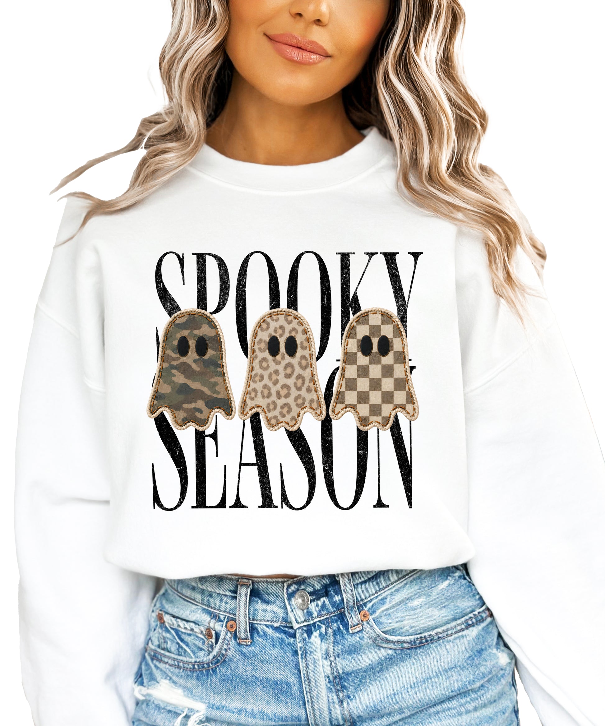 Spooky Season three ghosts Halloween crewneck sweatshirt in White, front view
