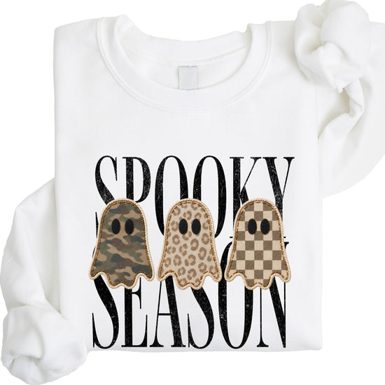 White Spooky Season ghost sweatshirt, styled detail shot