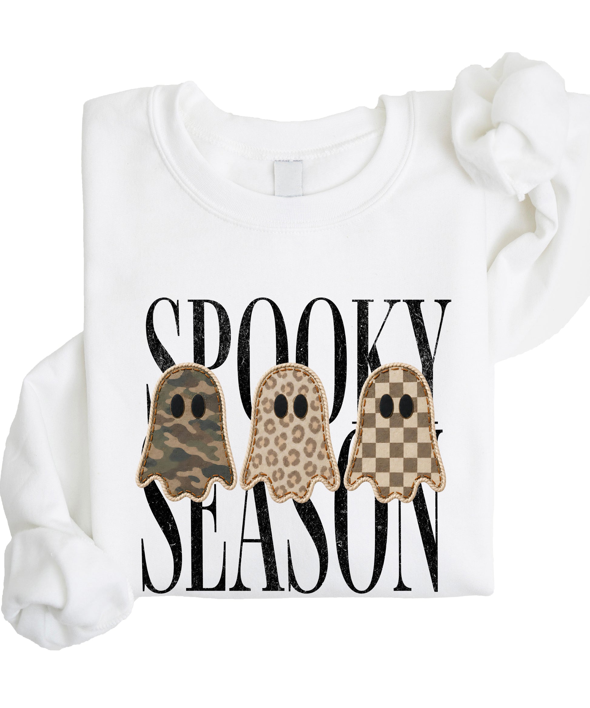 White Spooky Season ghost sweatshirt, styled detail shot