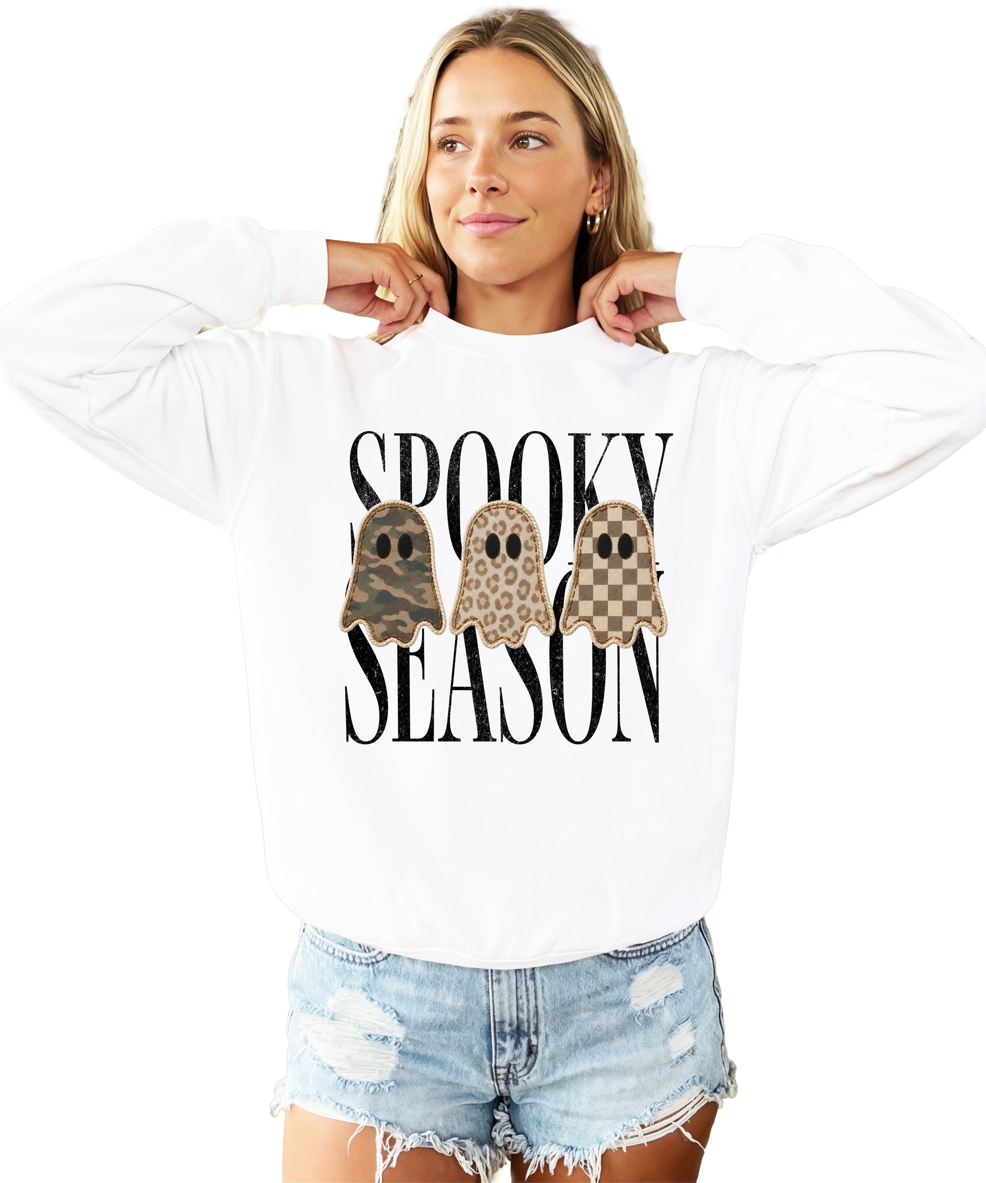 White Halloween ghost crewneck sweatshirt, close up of camo leopard checkered ghosts