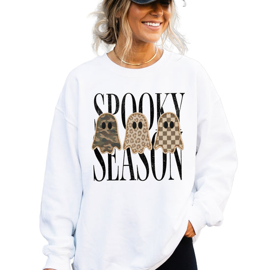 White Spooky Season sweatshirt, lifestyle view