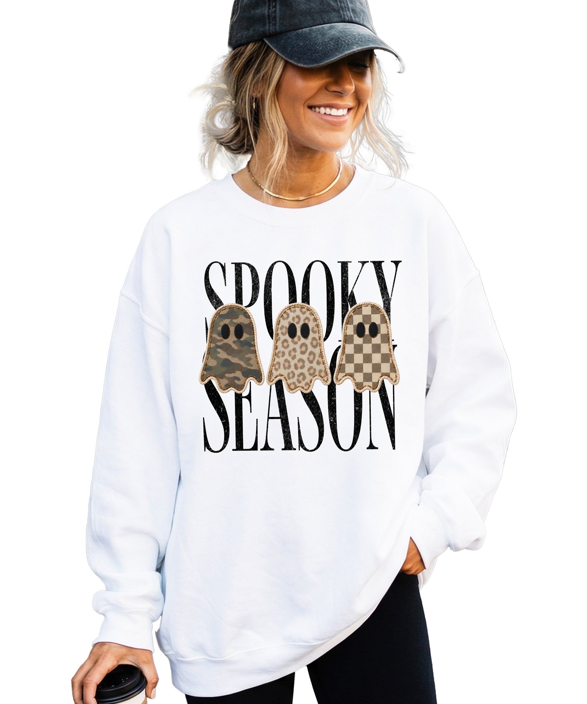 White Spooky Season sweatshirt, lifestyle view