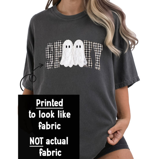 Ink-printed spooky ghost Halloween shirt with arched SPOOKY varsity lettering in black and white gingham and two lace-look ghosts, flat design detail view