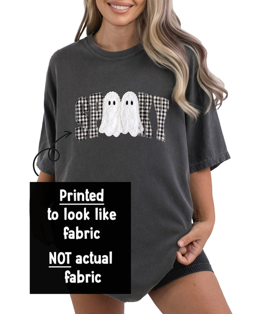 Ink-printed spooky ghost Halloween shirt with arched SPOOKY varsity lettering in black and white gingham and two lace-look ghosts, flat design detail view