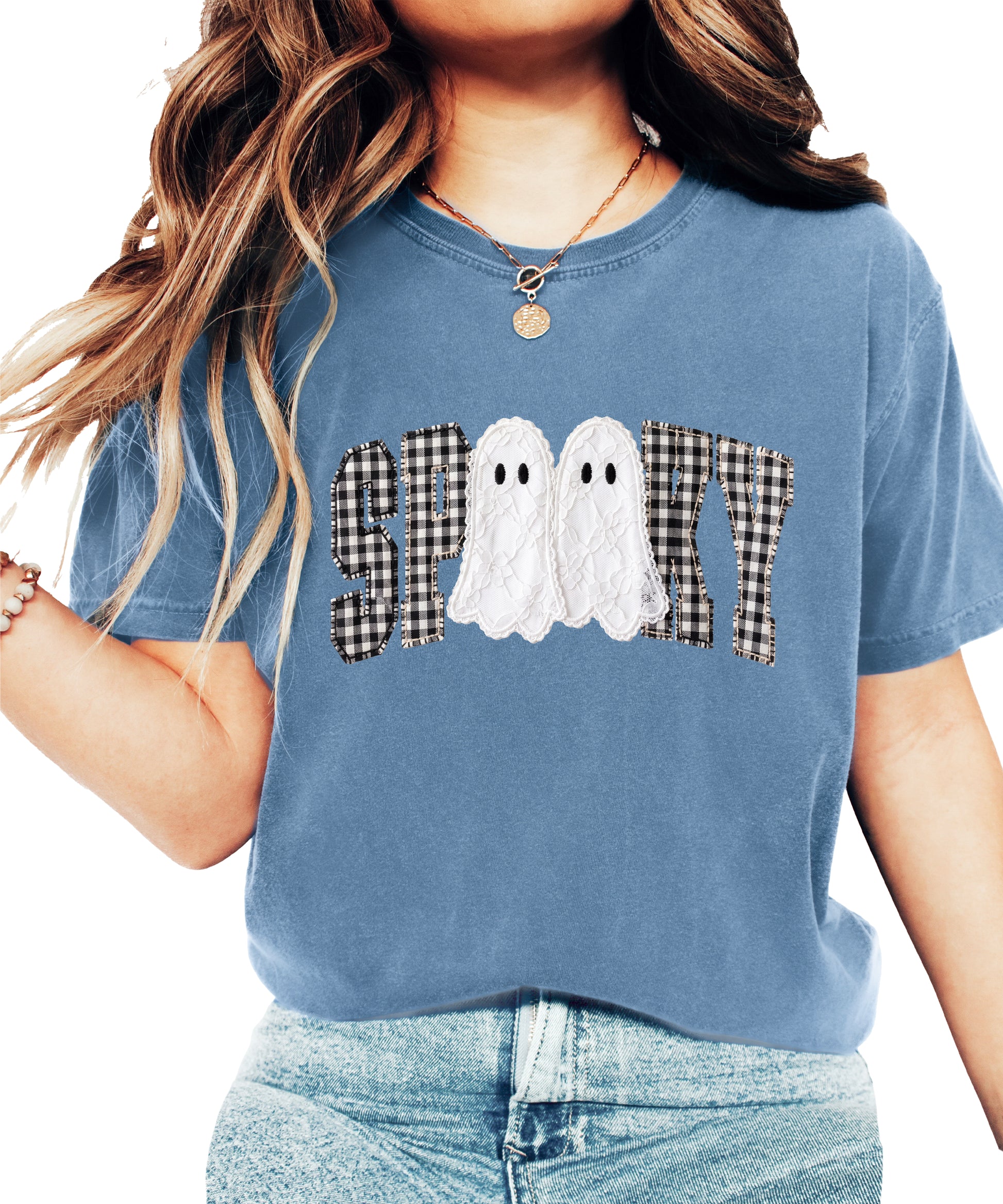 Ink-printed spooky ghost Halloween shirt with arched SPOOKY varsity lettering in black and white gingham and two lace-look ghosts, on a Blue Jean Comfort Colors 1717 tee, view 1