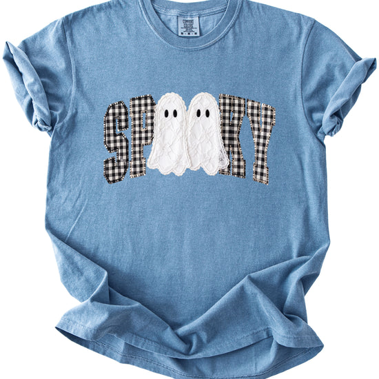 Ink-printed spooky ghost Halloween shirt with arched SPOOKY varsity lettering in black and white gingham and two lace-look ghosts, on a Blue Jean Comfort Colors 1717 tee, view 3
