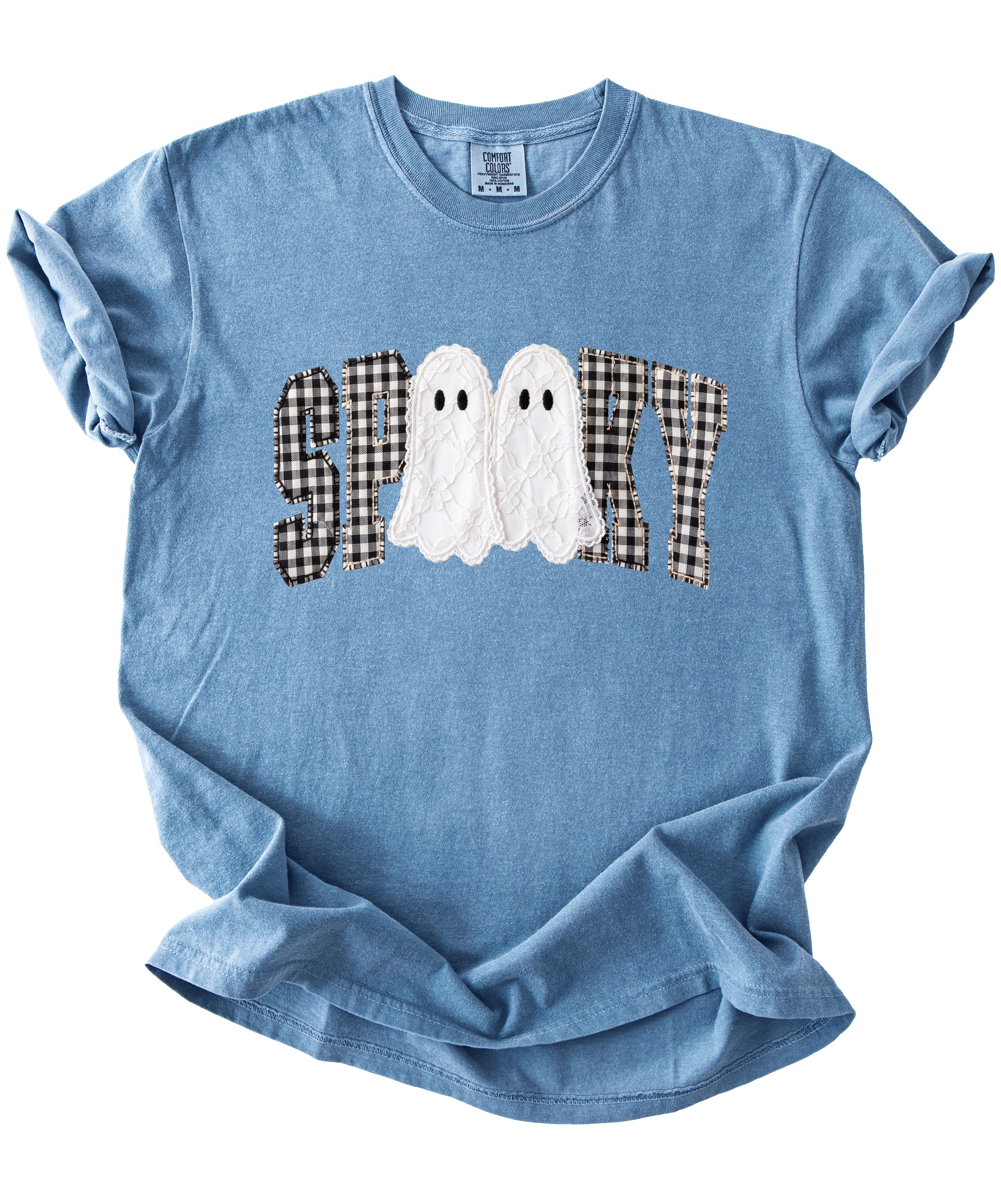 Ink-printed spooky ghost Halloween shirt with arched SPOOKY varsity lettering in black and white gingham and two lace-look ghosts, on a Blue Jean Comfort Colors 1717 tee, view 3
