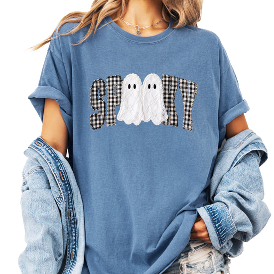 Ink-printed spooky ghost Halloween shirt with arched SPOOKY varsity lettering in black and white gingham and two lace-look ghosts, on a Blue Jean Comfort Colors 1717 tee, view 4