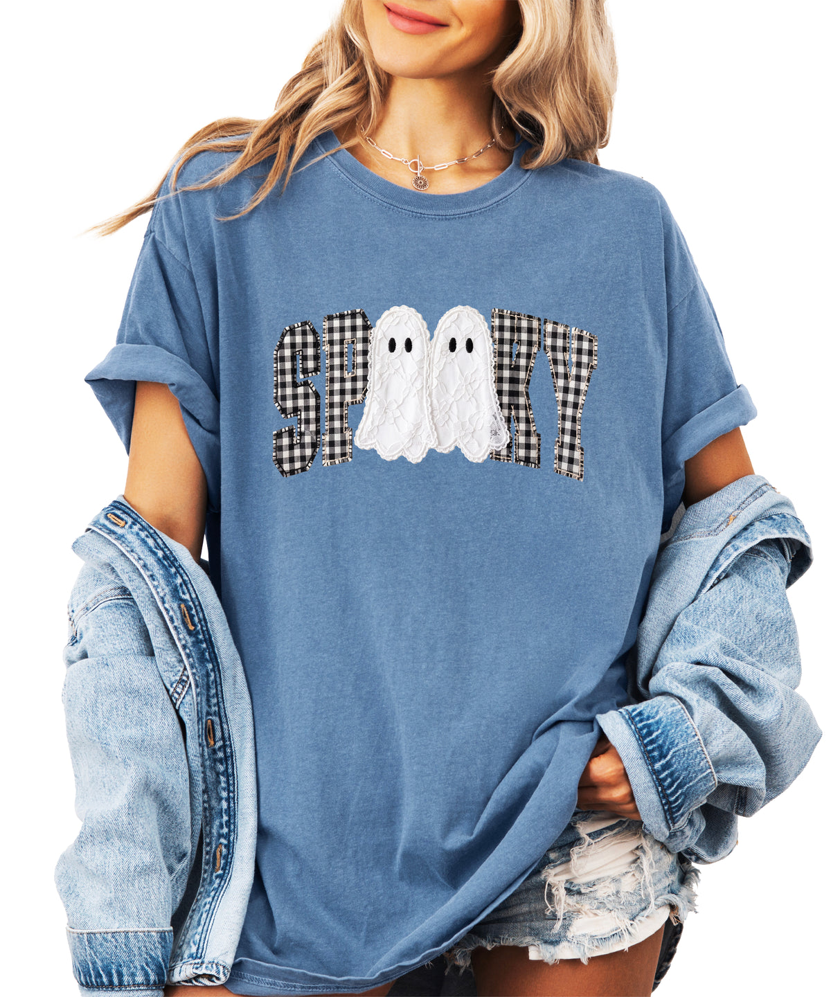 Ink-printed spooky ghost Halloween shirt with arched SPOOKY varsity lettering in black and white gingham and two lace-look ghosts, on a Blue Jean Comfort Colors 1717 tee, view 4