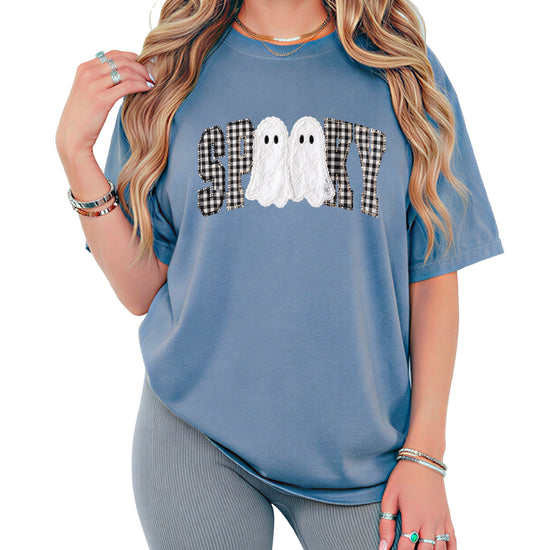 Ink-printed spooky ghost Halloween shirt with arched SPOOKY varsity lettering in black and white gingham and two lace-look ghosts, on a Blue Jean Comfort Colors 1717 tee, view 5