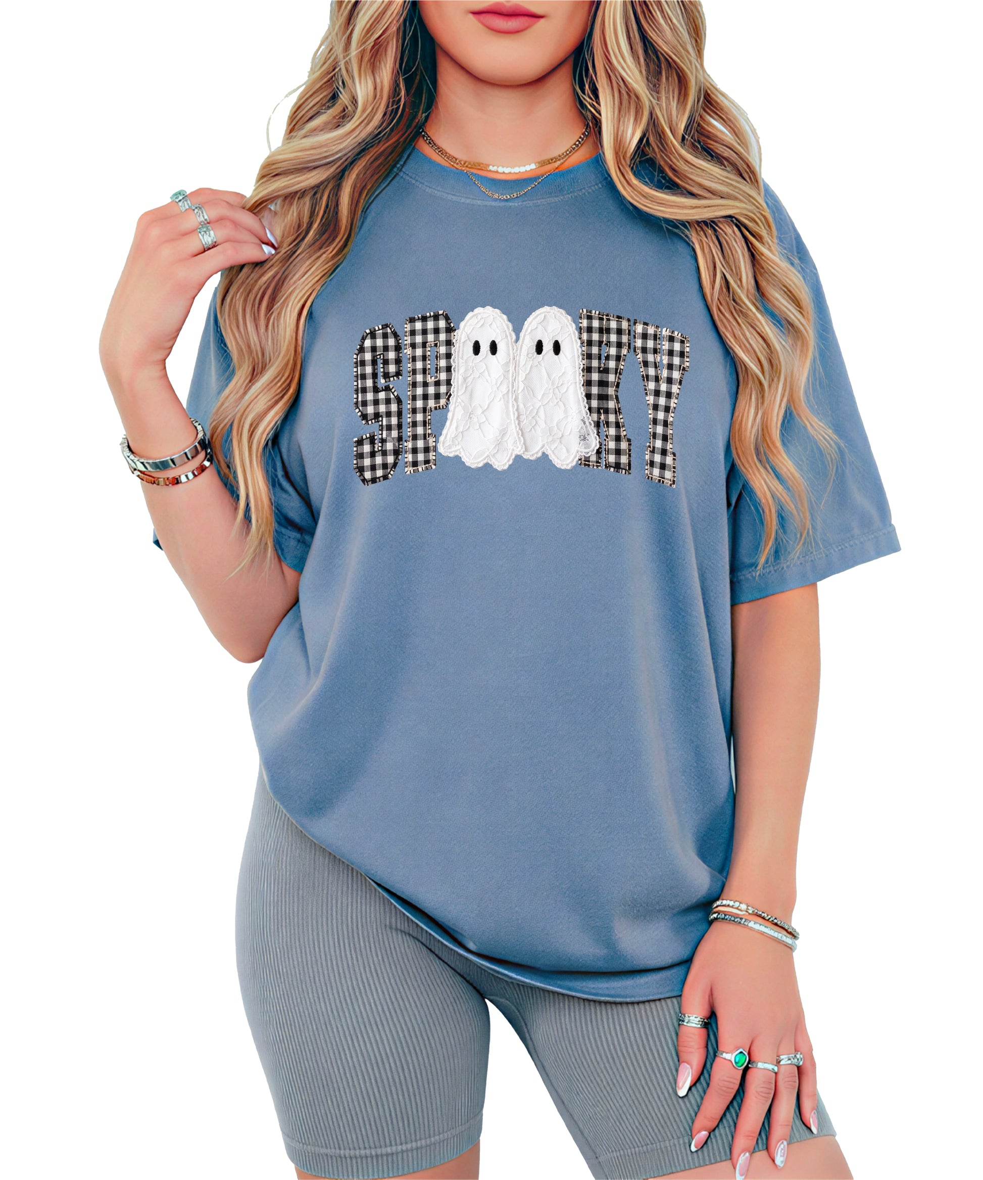 Ink-printed spooky ghost Halloween shirt with arched SPOOKY varsity lettering in black and white gingham and two lace-look ghosts, on a Blue Jean Comfort Colors 1717 tee, view 5