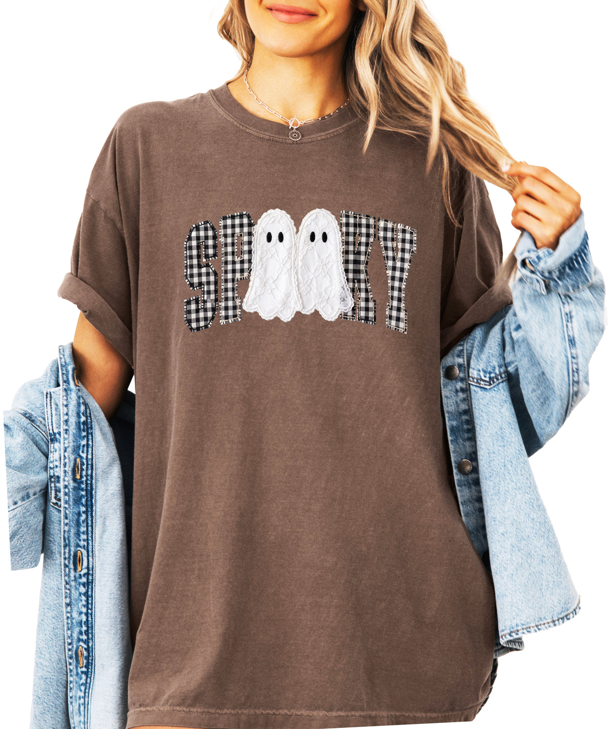 Ink-printed spooky ghost Halloween shirt with arched SPOOKY varsity lettering in black and white gingham and two lace-look ghosts, on an Espresso Comfort Colors 1717 tee, view 1