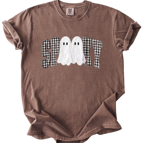 Ink-printed spooky ghost Halloween shirt with arched SPOOKY varsity lettering in black and white gingham and two lace-look ghosts, on an Espresso Comfort Colors 1717 tee, view 3