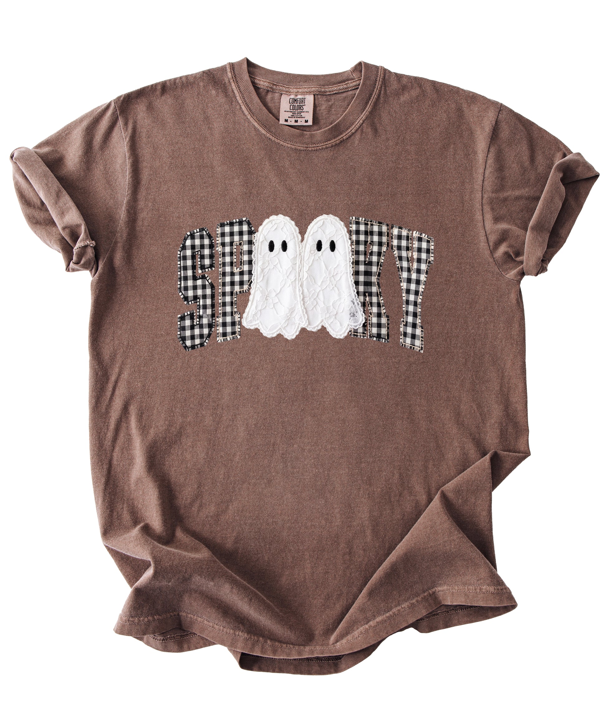Ink-printed spooky ghost Halloween shirt with arched SPOOKY varsity lettering in black and white gingham and two lace-look ghosts, on an Espresso Comfort Colors 1717 tee, view 3