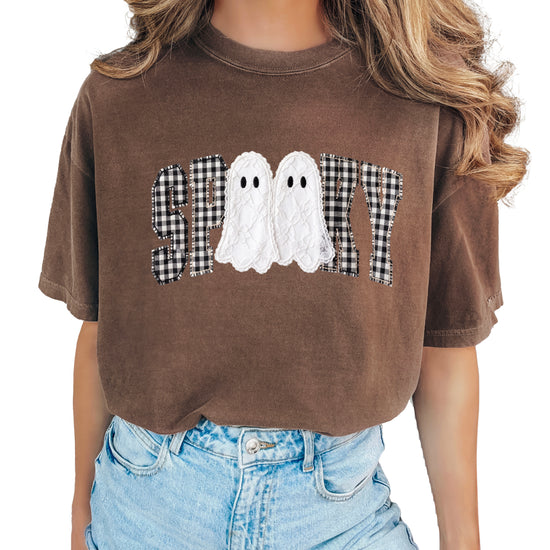 Ink-printed spooky ghost Halloween shirt with arched SPOOKY varsity lettering in black and white gingham and two lace-look ghosts, on an Espresso Comfort Colors 1717 tee, view 4