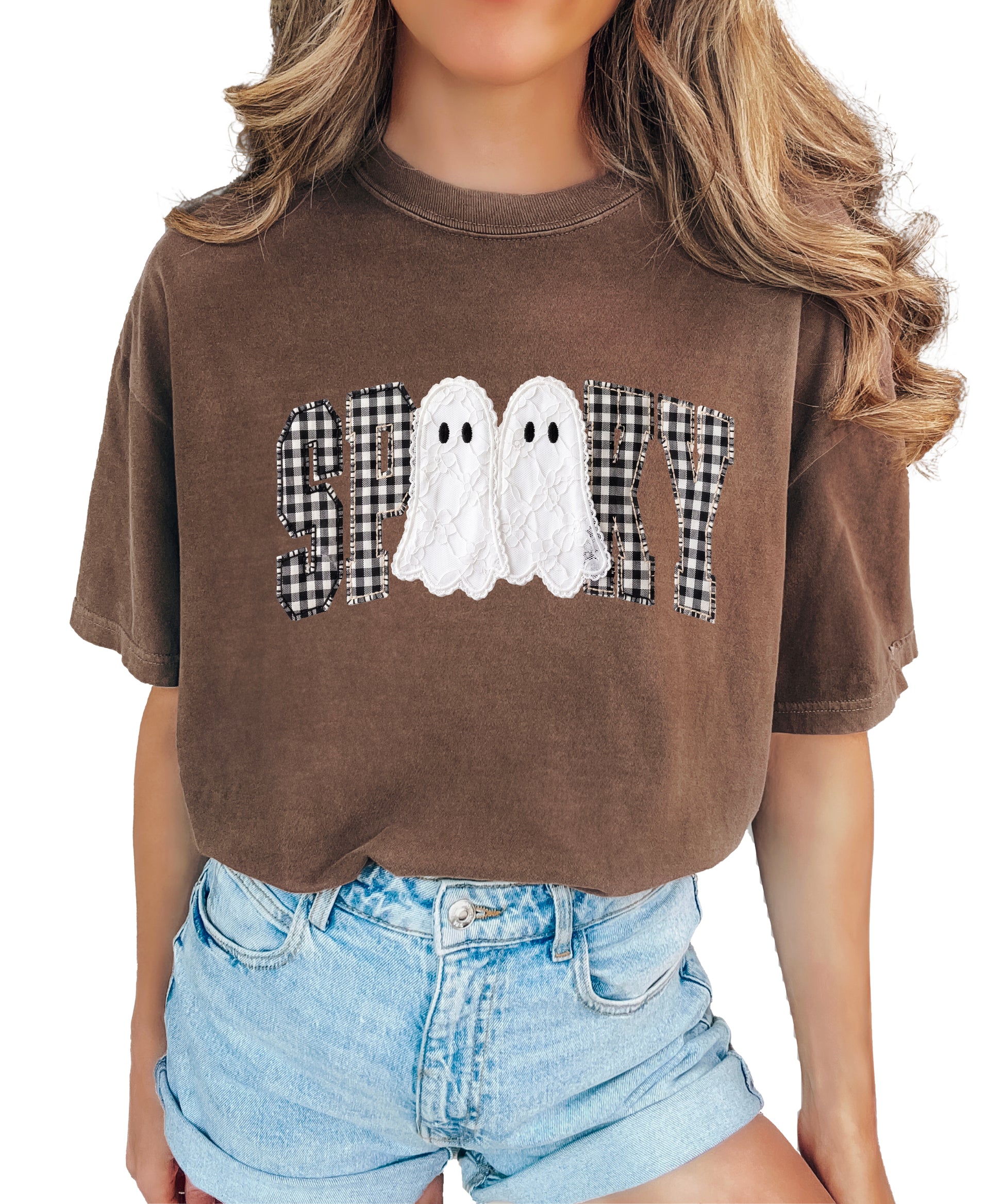 Ink-printed spooky ghost Halloween shirt with arched SPOOKY varsity lettering in black and white gingham and two lace-look ghosts, on an Espresso Comfort Colors 1717 tee, view 4