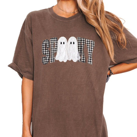 Ink-printed spooky ghost Halloween shirt with arched SPOOKY varsity lettering in black and white gingham and two lace-look ghosts, on an Espresso Comfort Colors 1717 tee, view 5
