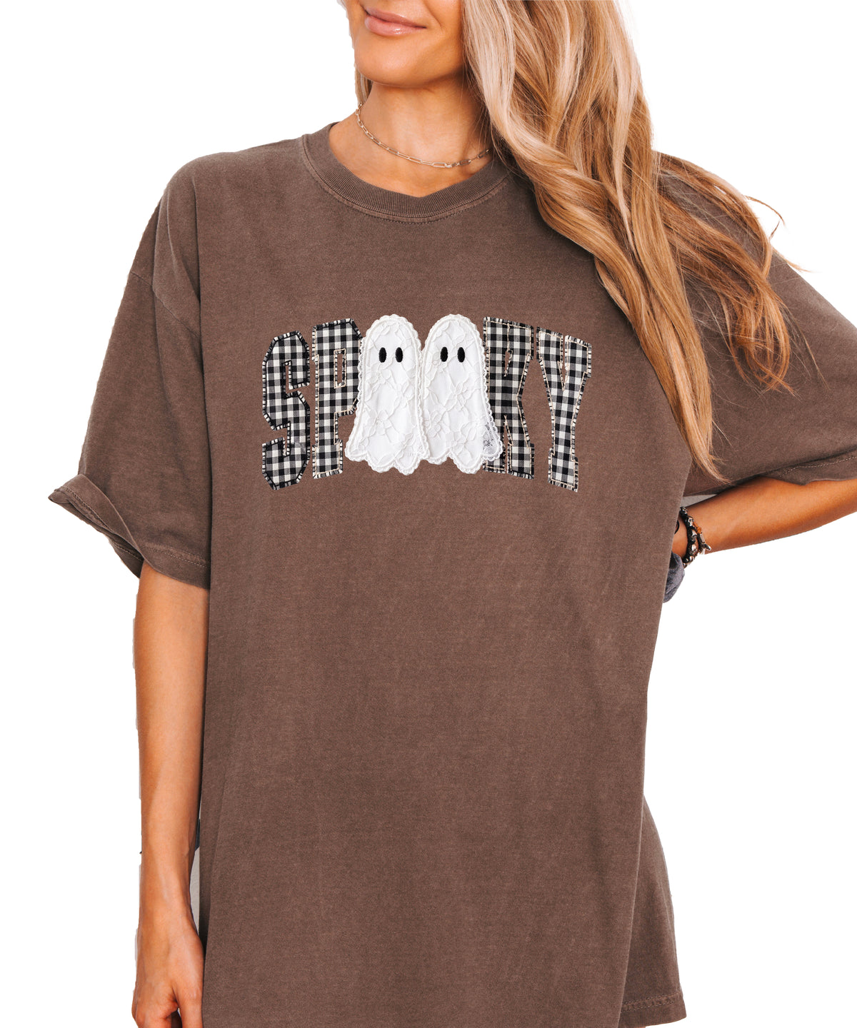 Ink-printed spooky ghost Halloween shirt with arched SPOOKY varsity lettering in black and white gingham and two lace-look ghosts, on an Espresso Comfort Colors 1717 tee, view 5