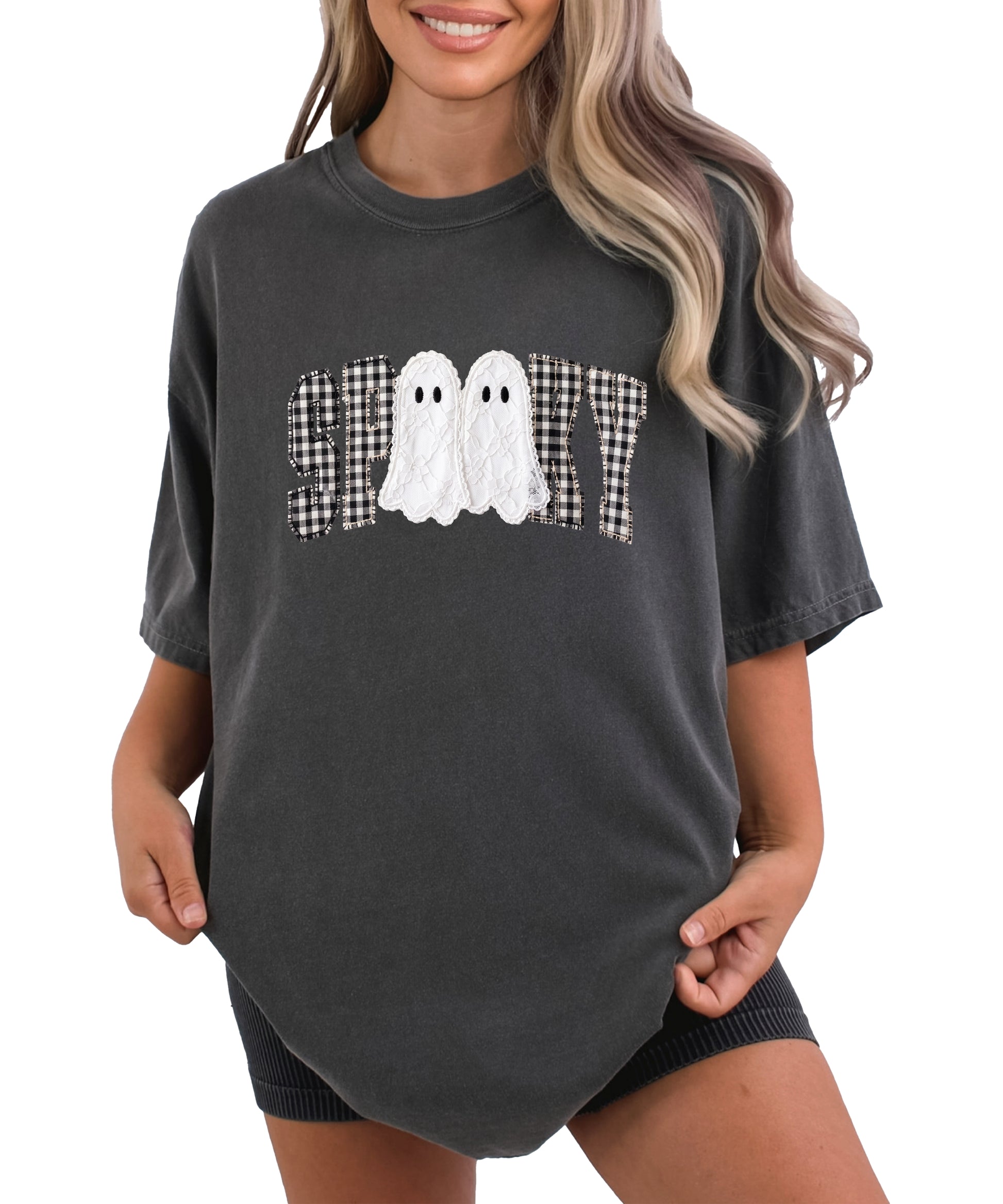 Ink-printed spooky ghost Halloween shirt with arched SPOOKY varsity lettering in black and white gingham and two lace-look ghosts, on a Pepper Comfort Colors 1717 tee, view 1