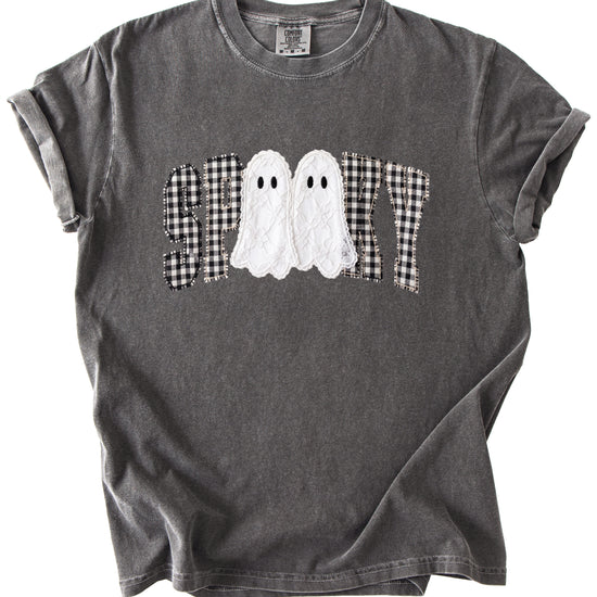 Ink-printed spooky ghost Halloween shirt with arched SPOOKY varsity lettering in black and white gingham and two lace-look ghosts, on a Pepper Comfort Colors 1717 tee, view 3