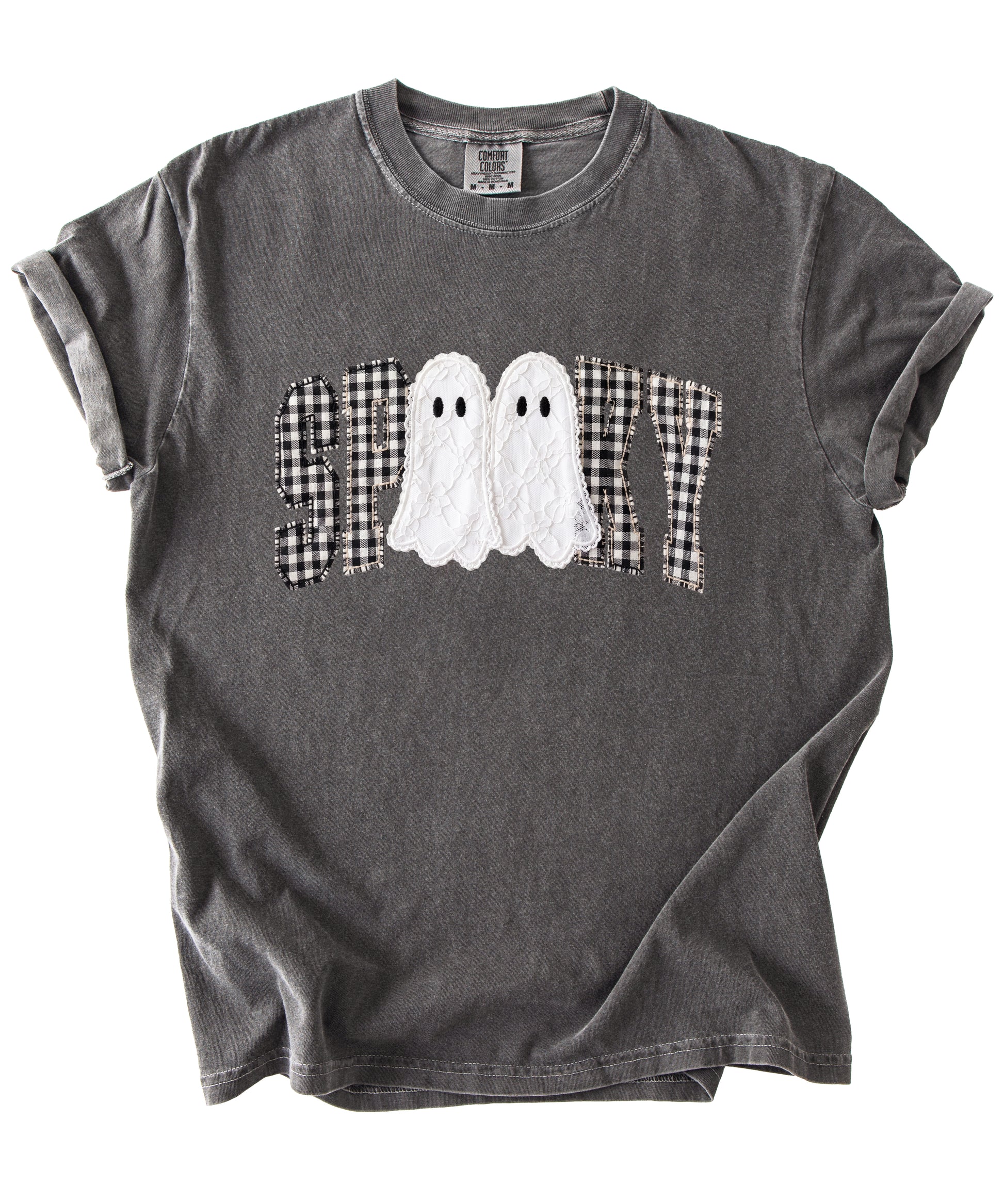 Ink-printed spooky ghost Halloween shirt with arched SPOOKY varsity lettering in black and white gingham and two lace-look ghosts, on a Pepper Comfort Colors 1717 tee, view 3