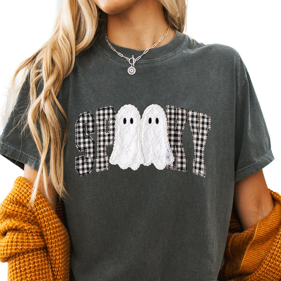 Ink-printed spooky ghost Halloween shirt with arched SPOOKY varsity lettering in black and white gingham and two lace-look ghosts, on a Pepper Comfort Colors 1717 tee, view 4