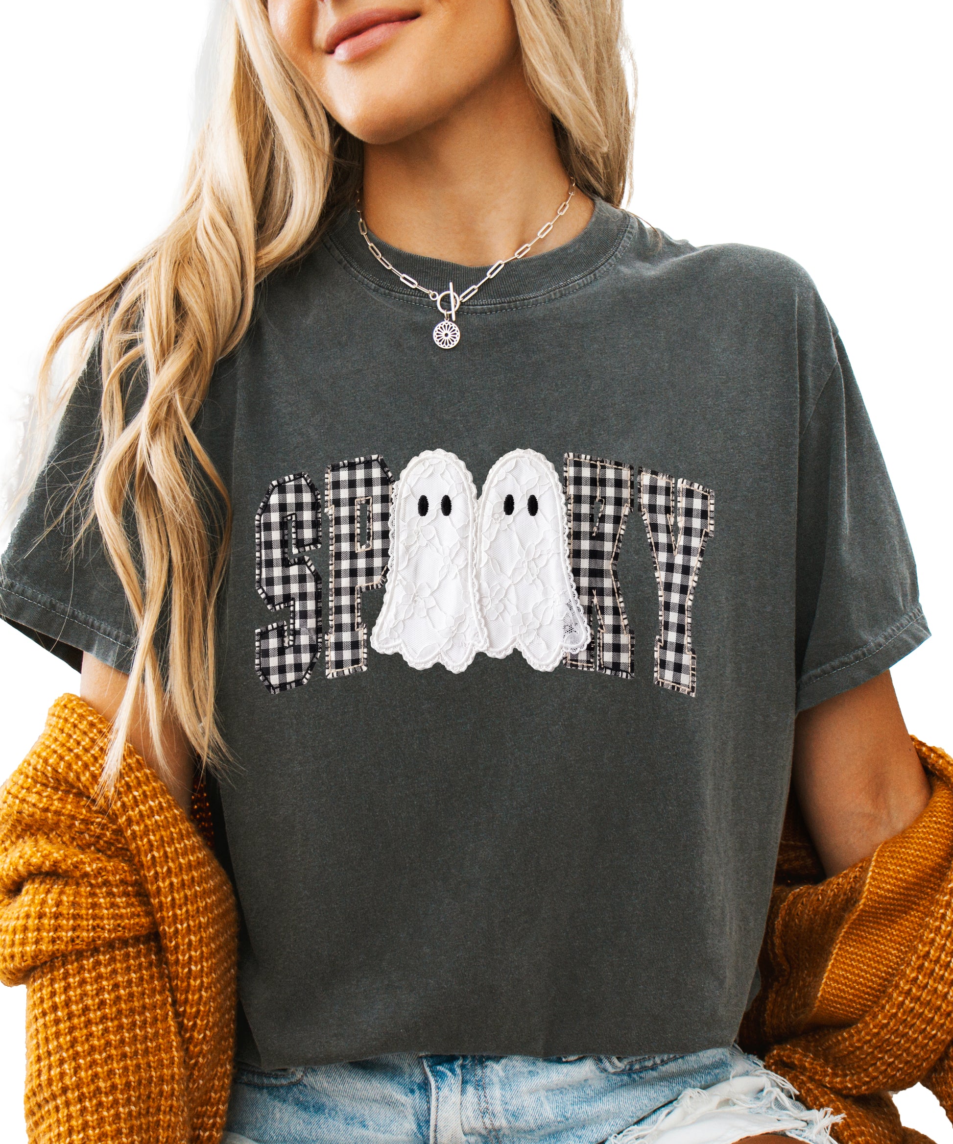 Ink-printed spooky ghost Halloween shirt with arched SPOOKY varsity lettering in black and white gingham and two lace-look ghosts, on a Pepper Comfort Colors 1717 tee, view 4