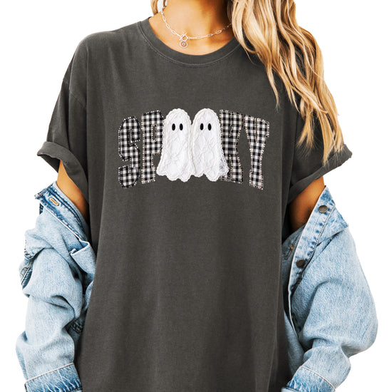 Ink-printed spooky ghost Halloween shirt with arched SPOOKY varsity lettering in black and white gingham and two lace-look ghosts, on a Pepper Comfort Colors 1717 tee, view 5