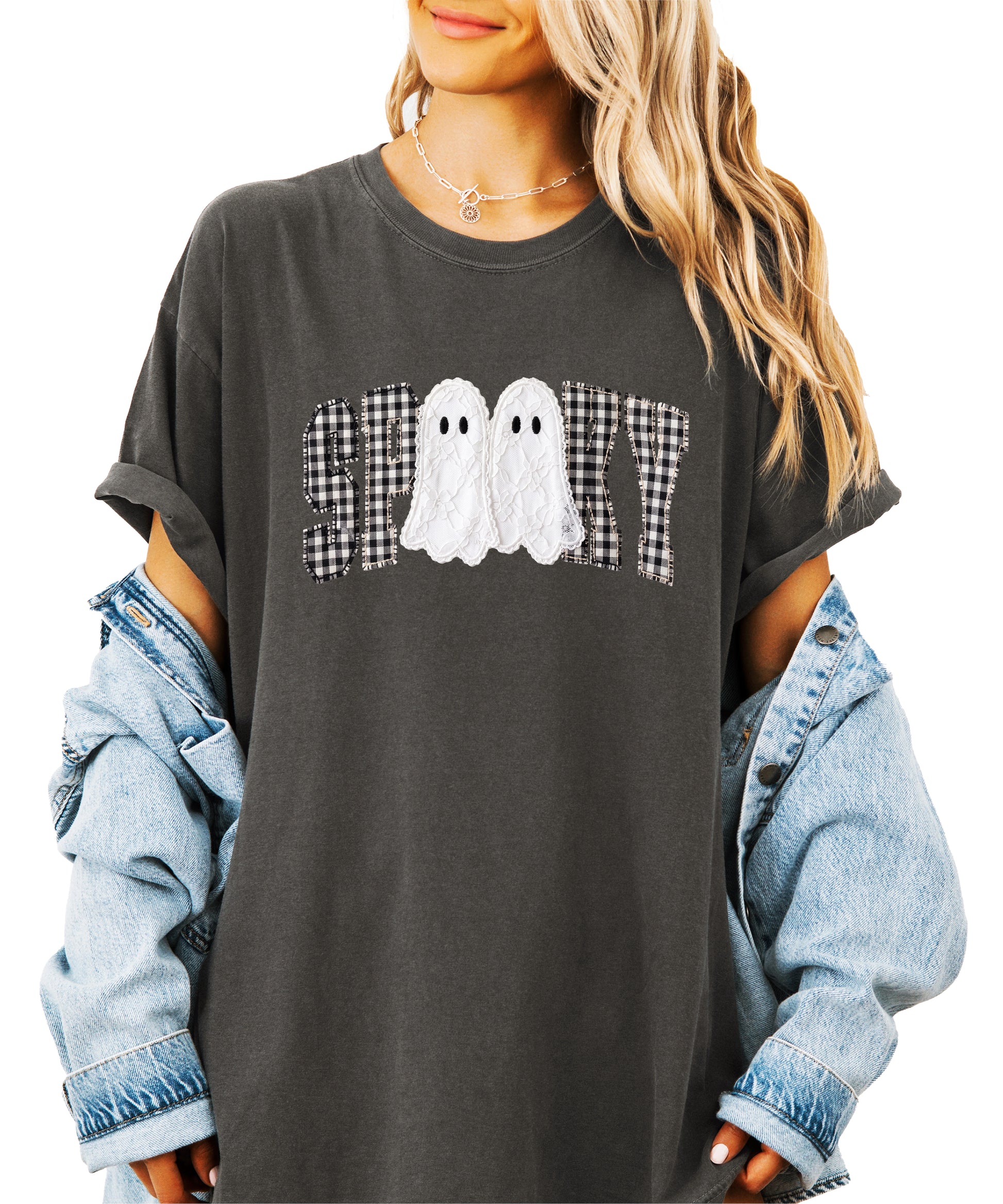 Ink-printed spooky ghost Halloween shirt with arched SPOOKY varsity lettering in black and white gingham and two lace-look ghosts, on a Pepper Comfort Colors 1717 tee, view 5