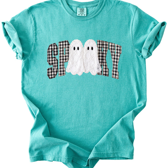 Ink-printed spooky ghost Halloween shirt with arched SPOOKY varsity lettering in black and white gingham and two lace-look ghosts, on a Seafoam Comfort Colors 1717 tee, view 3