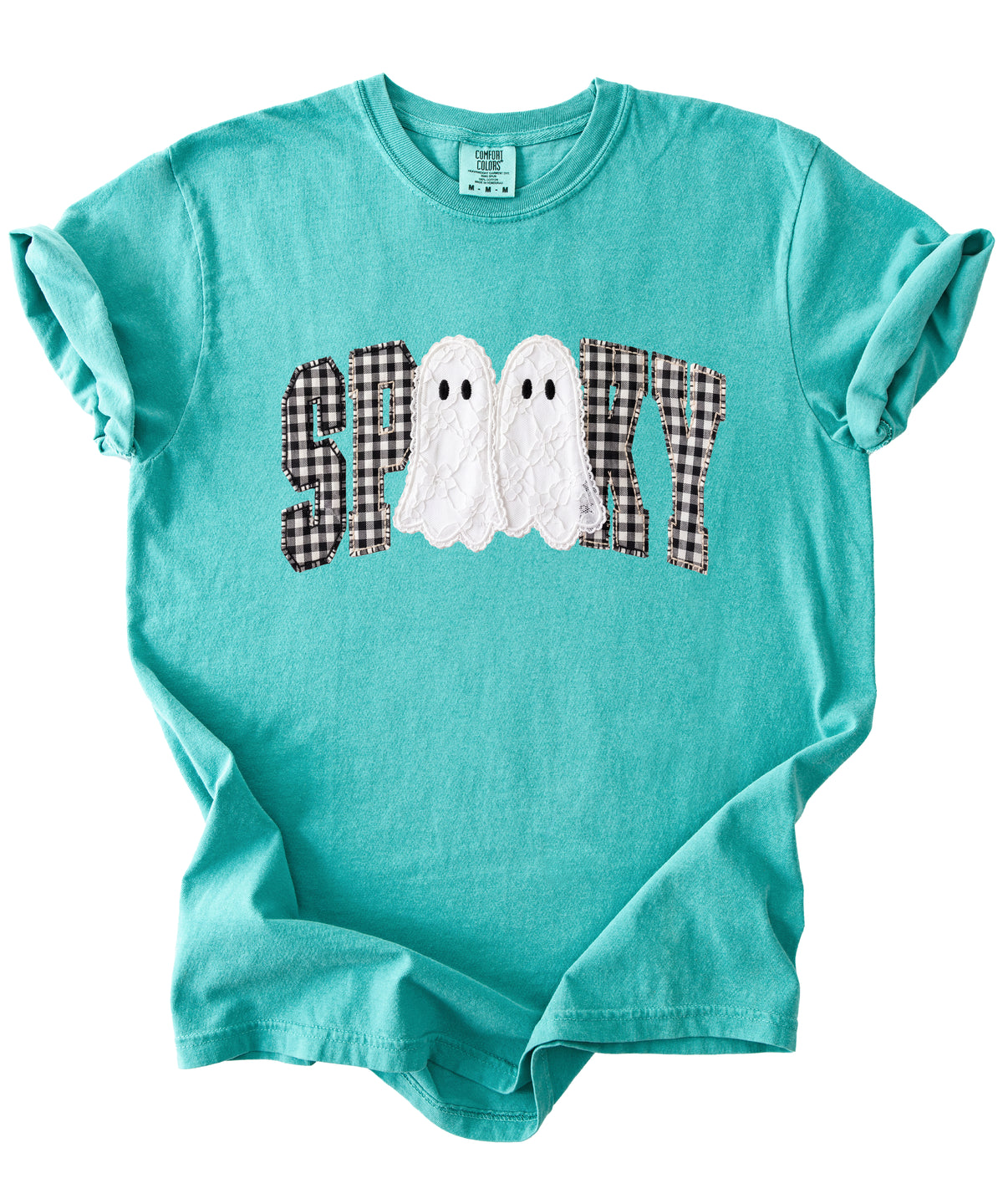 Ink-printed spooky ghost Halloween shirt with arched SPOOKY varsity lettering in black and white gingham and two lace-look ghosts, on a Seafoam Comfort Colors 1717 tee, view 3