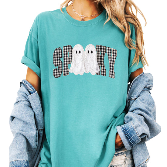 Ink-printed spooky ghost Halloween shirt with arched SPOOKY varsity lettering in black and white gingham and two lace-look ghosts, on a Seafoam Comfort Colors 1717 tee, view 4