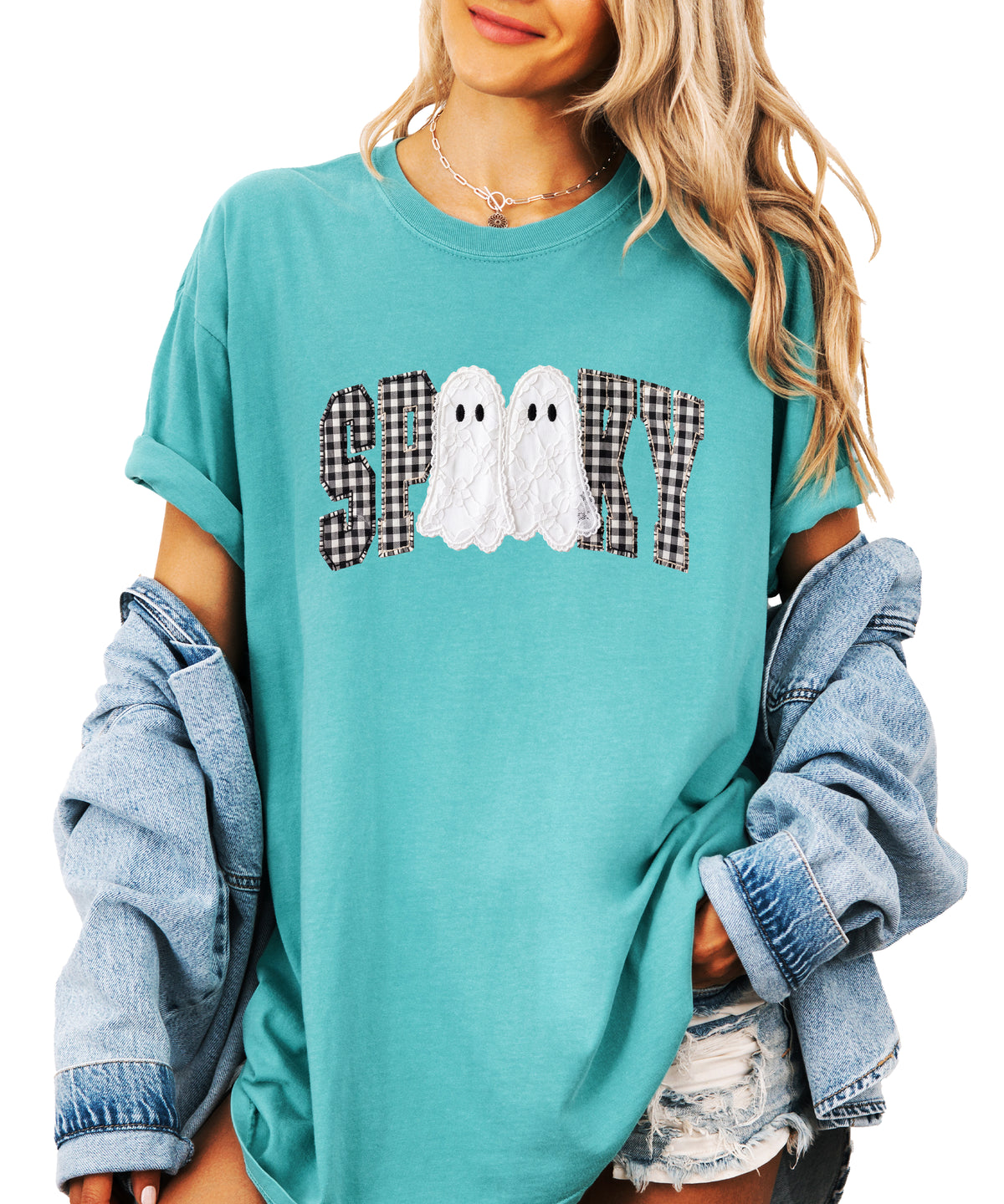 Ink-printed spooky ghost Halloween shirt with arched SPOOKY varsity lettering in black and white gingham and two lace-look ghosts, on a Seafoam Comfort Colors 1717 tee, view 4